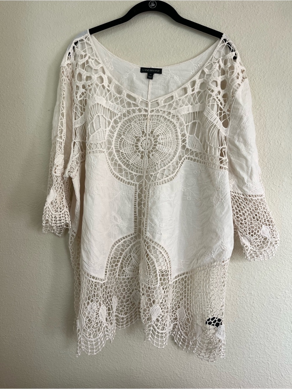 Lane Bryant Size22 Crochet Lace Boho Tunic Top 100% Cotton Plus Size Cottagecore